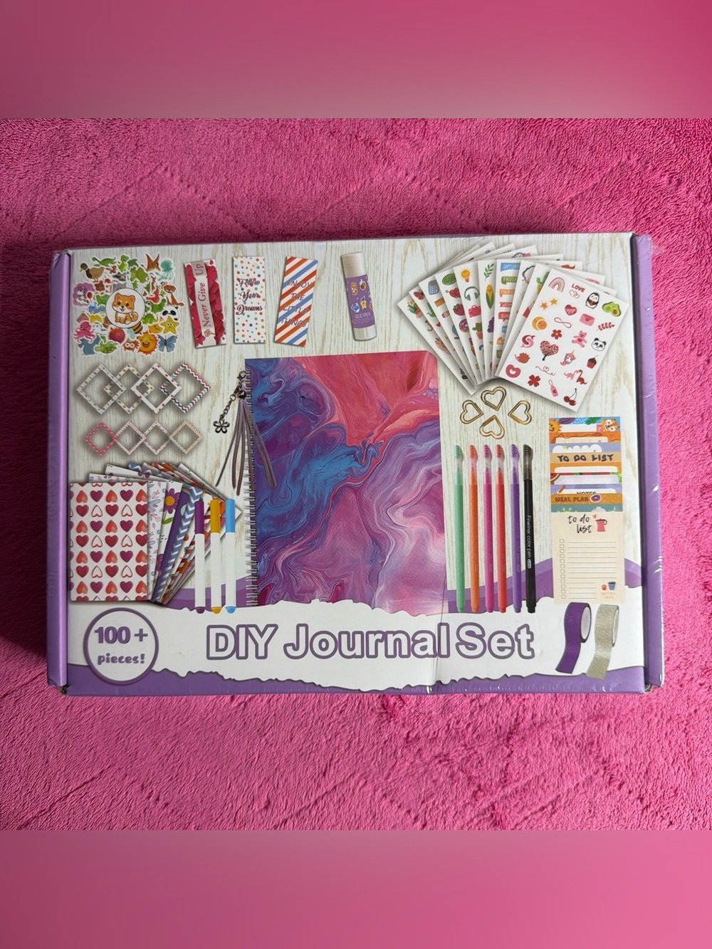 DIY Journal Set - Marble Purple & Pink Spiral Notebook with Accessories